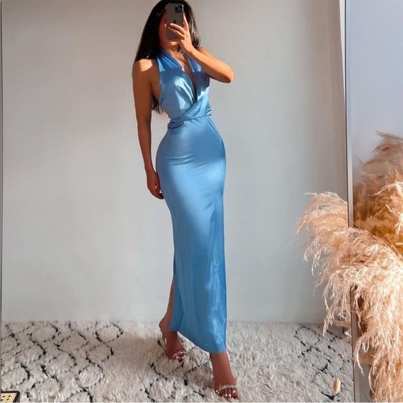 Zara satin effect halter dress backless open low back  formal light sky blue M - Picture 14 of 14